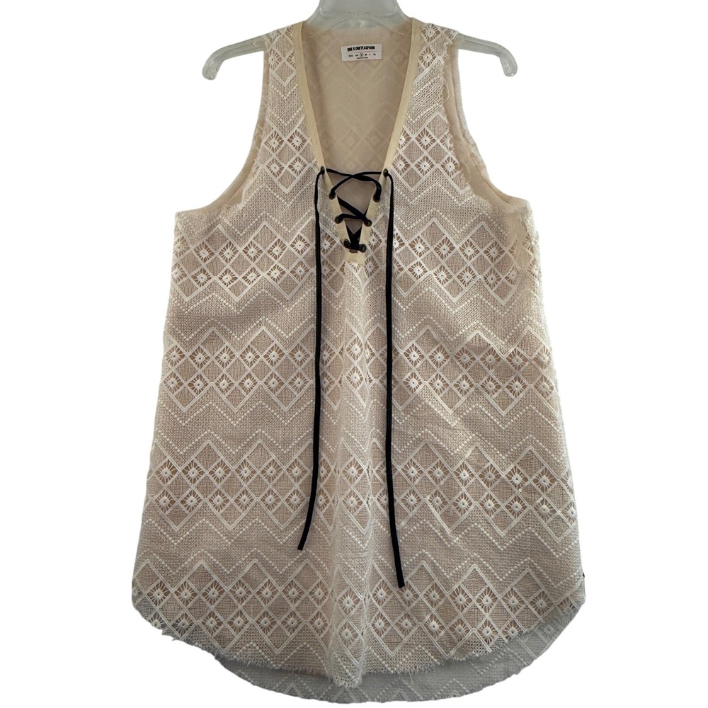 One x One Teaspoon Tunic Women S Cream Lace Up V-Neck Geometric Boho Raw Edge